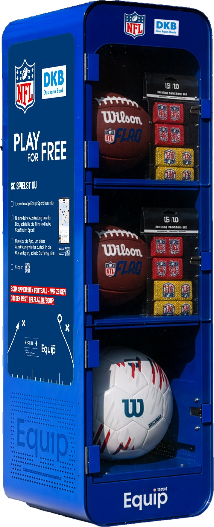 Equip-Box von NFL Flag × DKB mit Footballs und Flaggengürteln